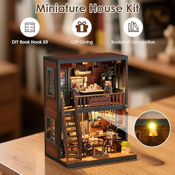 DIY BOOK NOOK KIT, 3D WOODEN PUZZLE & BOOKEND WITH LED LIGHT, CREATIVE BOOKSHELF DECORATION, MINIATURE HOUSE WOODEN PUZZLE, LIGHT CREATIVE GIFT FOR READERS (LITTLE BEAR BISTRO) - Image 2